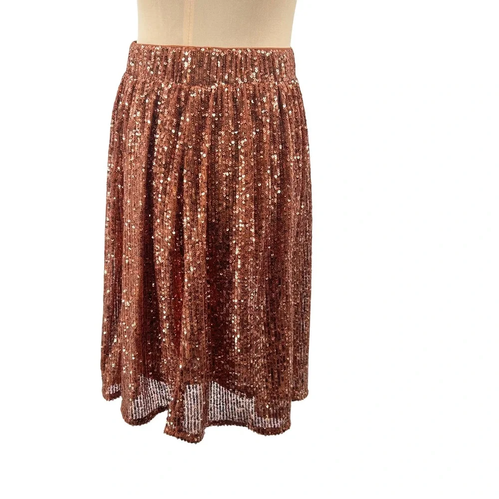 Free People Womens Copper Sequin Asymmetric High Low‎ Midi Skirt Size XS Brown
